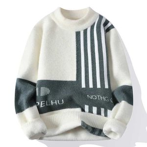 Erkek Sweaters #4374 Siyah Beyaz Yeşil Triko Kazak Erkekler Kış Erkek Külot Sökümleri O yaka Sıcak Harfler Çizgili Örgü Tiftik Kazak J231220