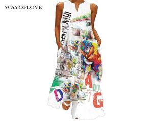 WAYOFLOVE Letter Cartoon printed Casual Beach Dress 2021 Plus Size Long Dresses Summer Woman V Neck Sleeveless Girl Maxi Dresses Q3296763