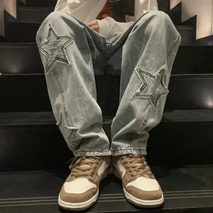 Y2K Vintage Men Korean Blue Streetwear Oversize Star Aesthetic Straight Trousers Wide Leg Jeans Grunge Denim Pant Clothes 231220