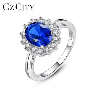 CZCITY Synthetischer Edelstein Saphir 925 Sterling Silber Ringe für Frauen Luxus Diana Prinzessin Hochzeit Braut Charm Feiner Schmuck 231220