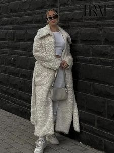 NLZGMSJ TRAF 2023 Vinterlånga vita varma överdimensionerade faux päls kvinnor med huva lapel Sashes Lossa koreanska mode ytterkläder 231220
