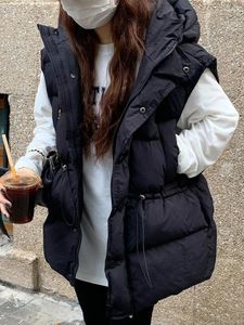 Kvinnors västar ner väst kvinnor höst vinter tjockare varm avslappnad ärmlösa huva jackor kvinnlig koreansk mode preppy stil lös