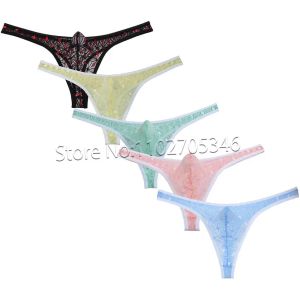 Män jacquard bindande thong tangas rhombic spets mini byxor utbuktande påse t-back bikini g-sträng kort underkläder