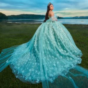 Мятно-зеленое платье Quinceanera с открытыми плечами, аппликациями, блестками, бантом и бусинами, праздничное бальное платье принцессы Sweet 16, Vestidos De 15 Anos