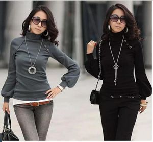 A647 2017 Women New Fashion 4 Colors Korean Turtleneck Long Lantern Sleeve Elegant T Shirts Ladies Spring Autumn Bluses Dress Top2986624