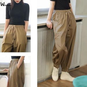 Capris 2022 Nowe swobodne sznurki haremowe workowate spodnie Elastyczne wysoką talię kostki Bloomers Streetwear Khaki Linen Cargo Pants Kobiety