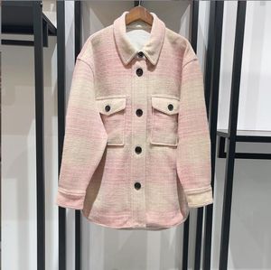 Womens ull blandar fransk nisch höst/vinter 2023 brittisk trendig cool rosa check broderad t krage kort kappa droppleverans otpwb