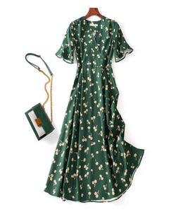 Summer Vintage Green Print Back Tie Chiffon Vneck Shortsleeve Slim Long Midi Wrap Tea Dress Casual 2021 Q07124209688