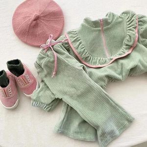 Комплекты одежды, корейский вельветовый пуловер с оборками для маленьких девочек, топы и штаны, комплект из 2 предметов, однотонные милые костюмы
