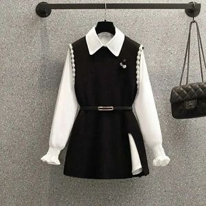 Retro Women Fashion Elegant Chic Lantern Sleeve Shirt Solid slitspärlor ärmlös stickad tröja VEST 2 Piece Set Tops kläder 231221