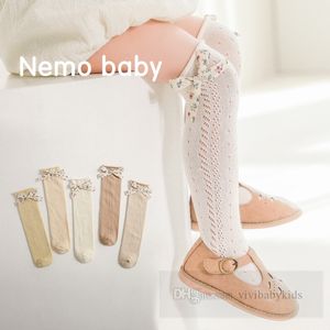 Spain style girls floral printed Bows socks kids hollow knitted knee high princess sock summer children cotton soft breathable legs Z6215