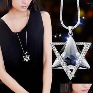 Pendant Necklaces Pendant Necklaces Double Triangle Gray Blue Crystal Necklace Women Office Lady Sweater Chain Jewelry Drop Delivery J Dhdal