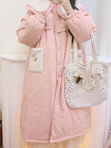 Женские плащи Mori Girl, розовый милый кукольный воротник, свободная толстая зимняя куртка с хлопковой подкладкой, пальто