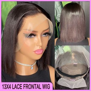 Malaysian Peruvian Indian Brazilian Natural Black 100% Raw Virgin Remy Human Hair Silky Straight 13x4 Transparent Lace Frontal Bob Wig