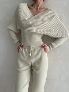 2024 Sexy Off Shoulder Knitted Two Piece Set Women Long Sleeve Sport Tracksuit 2 Piece Sweater Pants Suits Matching Sets 231220