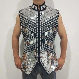 Sparkly Rhinestones Mirror Waistcoat Bar Nightclub Male Singer Stage Crystal Sequins Vest Performance Clothes Drum Dance Coat