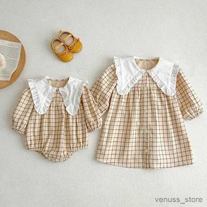 Mädchenkleider Herbst Baby Mädchen Kleidung Langarmplaid Big Lapel Girl Kleid und Baby Strampler Prinzessin Kleider Schwester -Outfit