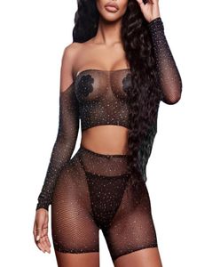 New Ladies Ladies Hot Diamond Mesh Tubo Top Top Shorts Conjunto Sexy Mesh Renda Transparente Reno Top Top Fishet Underwear Conjunto E6504506