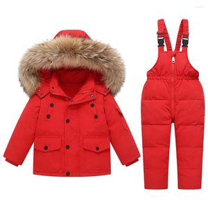 Zestawy odzieży Baby Boys Down Snowsuits 2-częściowa futrzana kurtka z kapturem z śliniakami Grube ciepłe maluch dzieci zimowe narciarstwo puffer zużycie