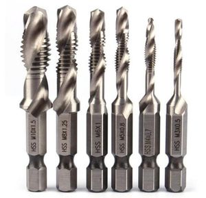 Satış 6PSC HSS Yüksek Hızlı Çelik Matkap Bitleri Set 14quot Hex Shank Metrik Vidalı İplik Tap Konik Matkap Bit M3 M4 M5 M67221507