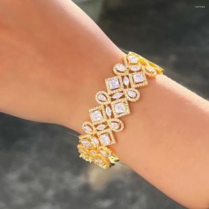 Bangle Threegraces Luxury Shiny Cubic Zirconia Gold Plated Geometric Shape Big Open Cuff For Women Bridal Wedding Jewelry B084