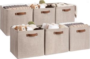 Storage Bags 13x13 Cubes Collapsible Bins Organizer For Closet Fabric Box With PU Handles Brown And Beige 6-Pack