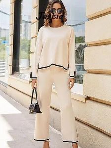 Moda Sweter Top Top Wide Perde Pants Conjunto para Mulheres Roupa Autumn Inverno Longo Casa Use Terno Casual 231220