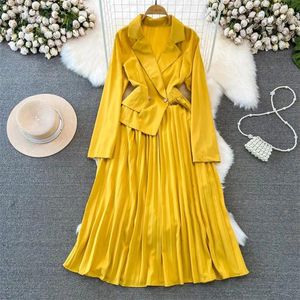 Casual Dresses Luxury And Elegant Style Pleated Dress For Office Lady Long Sleeve Suit Collar Slim Mid Length A-Line Trench Coat Z3857