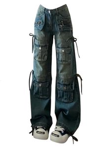 Kvinnor bf stil y2k streetwear harajuku baggy multi-pocket blå denim lastbyxor låg midja breda ben jeans 2000s estetiska kpop 231221