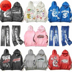 Hellstar Spodezwy dróg dresowy mężczyźni i kobiety designerskie spodnie z kapturem długie rękawy pullover street hip hop nadruk wysoko szary niebieski piekielne bluzy bluza 2i4m