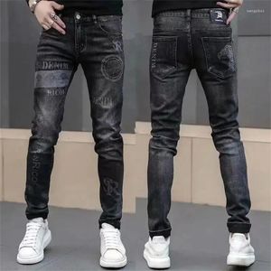 Mäns jeans män trycker byxor Löst fit Blue Baggy Korea Fashion Wide Leg Denim Trousers Clothing Harem