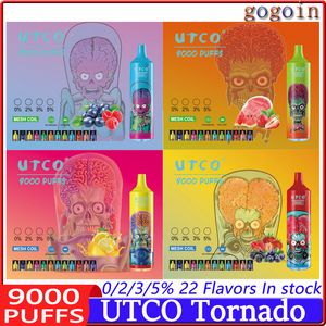 UTCO Tornado 9000 Puffs engångsvapet Vape Puff 9K VAPER E Cigaretter 0% 2% 3% 5% 18 ml Mesh Coil Pod 850mAh Uppladdningsbar 22 Flavors penna