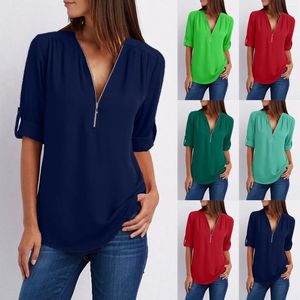 Frauenblusen Frauen Frühling und Sommer Casual Reißverschluss gegen Hals Einheitliche Farbe Langarmknopf Lose Chiffon Top Basic Comfort Shirts