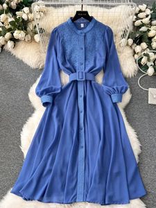 Casual Dresses Fashion Spring Summer Flower Brodery Dress for Women's Stand Long Sleeve Stitching Chiffon Belt Party Midi Vestidos