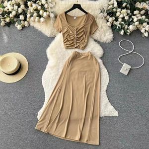 Work Dresses Fashion Suit Women Summer Positive Shoulder Short Sleeve Square Neck T-shirt Tops Elastic Waist Slit Half Skirt 2-piece Set