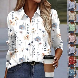 Blusa da blusa de camisa de camisa T feminina Botão de impressão floral de manga longa Colar casual de colarinho básico de outono de outono de inverno slim slim