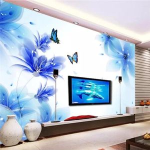 Sfondi Wellyu Custom PO Sfondi da parati 3D Murales Dream Blue Butterfly soggiorno TV Background Wall Paper Papel De Parede