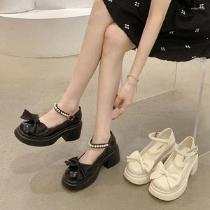 Dress Shoes Bow Pearl Mary Jane High Heels Women's 2023 Spring Summer Closed Toe Sandals Chunky Heel Pumps Kawaii