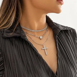 Pendant Necklaces Shiny Imitation Crystal Droplet Cross Necklace For Women 2023 Punk Style Multi Layered Metal Fashion Girl Jewelry