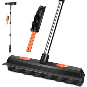 Rubber Broom with Squeegee for Carpet Pet Hair Remover 49In Long Handled Fur Remover Carpet Rake for Fluff Carpet Hardwood Floor 231221