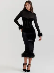 Casual Dresses Mozision Elegant Feather Sexy Midi Dress For Women Black Fashion Sheer Long Sleeve Backless Bodycon Club Party