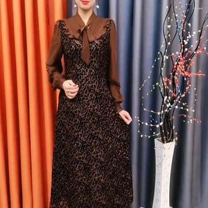 Casual Dresses Vintage Leopard Patchwork Long Dress Female Clothing Spring Autumn Folds Elegant Scarf Collar Fashion Drawstring Bow