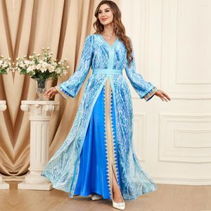 Ethnic Clothing Siskakia Moroccan Dress Kaftan 2 Piece Abaya Set Evening Robe Printing Full Sleeve V-Neck Islamic Caftan Ramadan Muslim