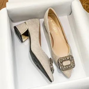 Scarpe eleganti plus size35-43 donne pompe per punta diamanti cristalli con fibbia tallone medio tacchi alti pesci femminile festa di matrimonio femminile