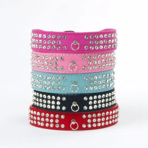 Wildleder -Leder -Strass -Hundekristallkristall Diamante 3 Zeilen Pet Collarxs, S, M, L.