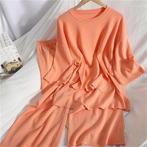 Women's Two Piece Pants Korean Half Sleeve Side Slit Pullover Top Wide-leg Knitted Womens Peice Sets Solid Color Loose Tracksuit Women N704