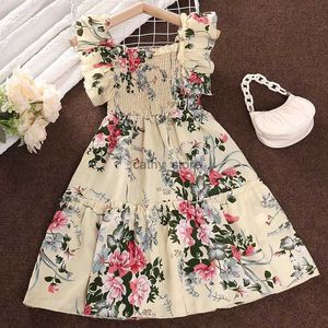 Girl's Dresses Summer Girl's Long Skirt Polyester Square Collar Suspender Sleeveless Lace Play Smocking A-line Print Dress Pleated ComfortableL231222