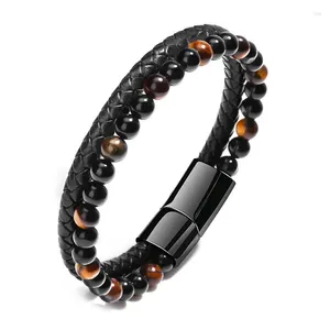 Strand Kirykle High Quality Leather Bracelet Men Classic Fashion Tiger Eye Beaded Multi Layer For Jewelry Gift