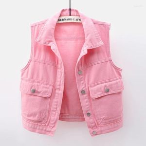 Kvinnors västar Autumn Korean Fashion Pink Denim Vest Women Waistcoat Big Pocket Case Cowboy Sleeveless Jacket Slim Short Jeans Female