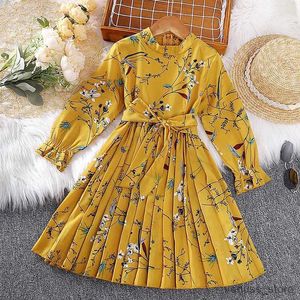 Girl's Dresses Children's Clothing Spring and Autumn Vintage tryckt liten stand-up krage långärmad klänning bekväm veckad kjol